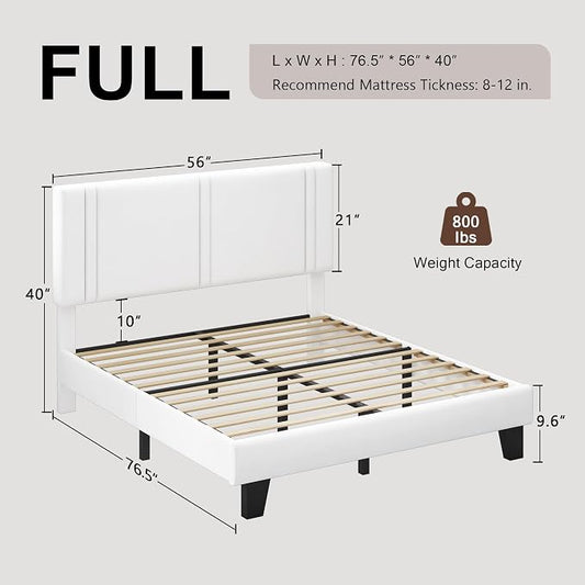 Einhomn Upholstered Full Size Bed Frame with Velvet Fabric Headboard, Strong Wooden Slats Support, Noise Free, No Box Spring Needed, White