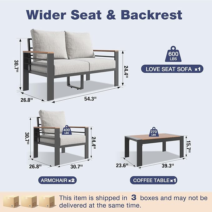 Aoxun Aluminum Patio Furniture Set with Umbrella 4 Seats, Oversized Outdoor Sectional with Washable Thick Cushions, Coffee Table, Patio Conversation Sets for Porch, Balcony, Deck