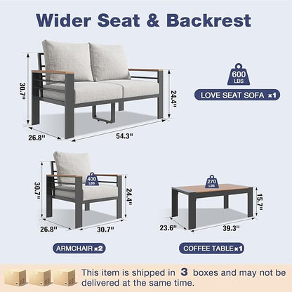 Aoxun Aluminum Patio Furniture Set with Umbrella 4 Seats, Oversized Outdoor Sectional with Washable Thick Cushions, Coffee Table, Patio Conversation Sets for Porch, Balcony, Deck