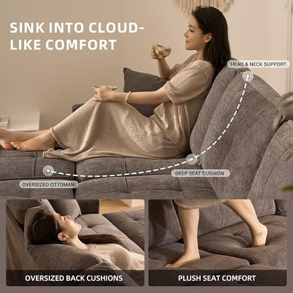 112" U Shaped Modular Cloud Sectional Couch, Waffle Fabric, Dark Gray | Modular Deep Seat Sofa, Movable Ottoman, Pocket Spring Cushions, 2-Box Delivery, Living Room Lounge Use, Not Boneless