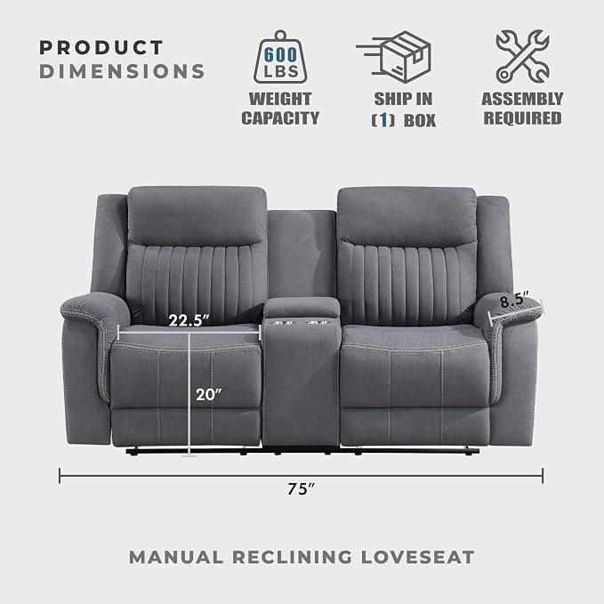 Lexicon Manual Double Reclining Loveseat, Polished Microfiber Manual Wall Hugger Loveseat Recliner for Living Room, Center Storage Console/Cup Holders, Easy Assembly, Gray