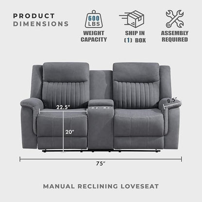 Lexicon Manual Double Reclining Loveseat, Polished Microfiber Manual Wall Hugger Loveseat Recliner for Living Room, Center Storage Console/Cup Holders, Easy Assembly, Gray