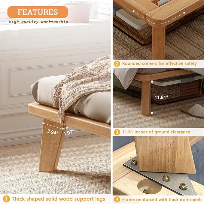 NELYE Twin Platform Bed Base - 14 Inch Solid Wood Mattress Foundation with Support Slats and Legs, Twin-Size Rubberwood Simple Bed Frame