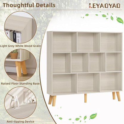 LEYAOYAO 10 Cube Bookshelf,3 Tier Modern Wide Bookcase with Legs,Mid-Century Wood Bookshelves Storage,Light Grey White Large Book Case,Freestanding Organizer Display Shelf for Living Room,Office