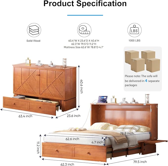 PUREMIND Murphy Bed Queen with Mattress Included, Multi-Functional Hideaway Cabinet Bed with 2 Storage Drawers, USB Charging Ports & Headboard, Space-Saving Chest Wallbed Beds for Guest Room, Cherry