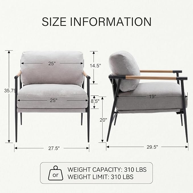 DUOMAY Mid-Century Modern Accent Chair Armchair Set of 2, Soft Linen Fabric Sofa Lounge Chair Reading Chair with Metal Leg for Living Room Bedroom Office, Grey