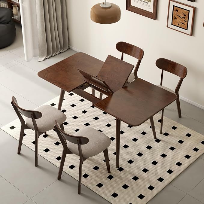 47’’-63’’ 100% Oak Extendable Dining Table and Chairs Set for 4, Solid Wood Folding Kitchen Table, Mid Century Modern Dinner Table for Kitchen, Apartment, Living Room (47''-63''+4 Cushion Chairs)