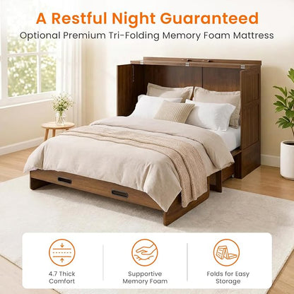 CECER Queen Murphy Bed with Mattress for Guest/Small Space-Black Walnut | Built-in Multi-Port Charging Station ＆ Large Storage Drawer，Space Saving ＆ Easy Assemble and Conversion