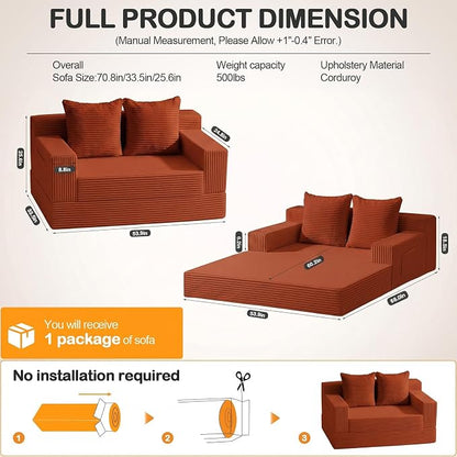 Erament Convertible Sofa Bed, Loveseat Folding Floor Futon Sleeper Sofa Couch Bed- Boneless Foldable Couch, Corduroy Pull Out Sofa Bed with 2 Pillows for Living Room & Bedroom