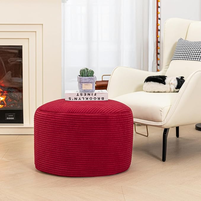 Round Pouf Ottoman 20 x 20 x 14 Inches Boho Poof Home Decor Floor Pouffe Ottoman Foot Rest for Couch Sofa Bean Bag Chairs Living Room Bedroom (Burgundy)