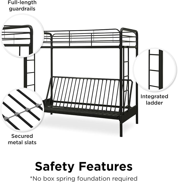 DHP Twin-Over-Futon Convertible Couch and Bed with Metal Frame, Ladder and Guardrails - Black