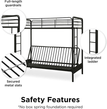 DHP Twin-Over-Futon Convertible Couch and Bed with Metal Frame, Ladder and Guardrails - Black