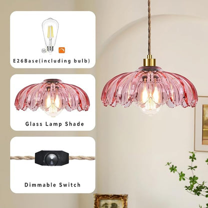 QIYIZM Pink Plug in Pendant Light Hanging Lights with Plug in Cord Boho Hanging Lamp Glass Gold Mid Century Modern Vintage Dimmable Flower Plug in Chandelier Ceiling Fixture for Living Room,Kitchen
