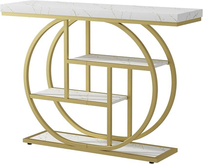 Shintenchi 41.3” Console Table with Storage, Industrial Entryway Table with Marble Top, 4-Tier Shelves Sofa Table Behind Couch, Narrow Accent Table for Living Room, Entryway, Hallway, Foyer,White Gold