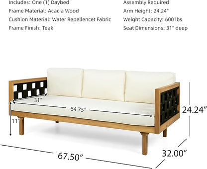 Merax Outdoor 3 Seater Daybed, Acacia Wood Patio Day Bed Couch Sofa with Cushions & Stylish Rope Weave Armrest, 67.5" L Outdoor Seating for Gardern Deck Porch Balcony, Beige