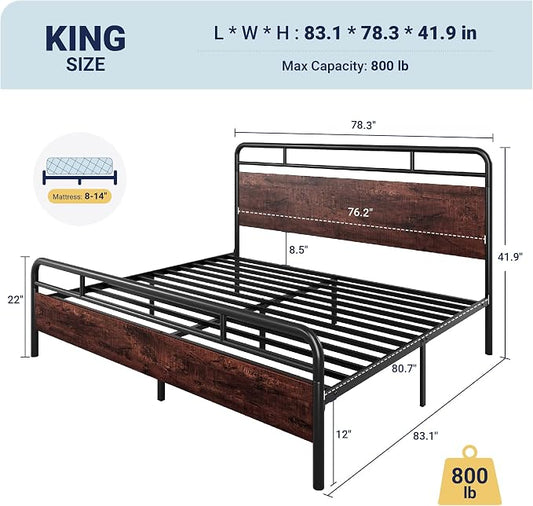 Allewie King Size Platform Bed Frame with Wooden Headboard and Footboard, Heavy Duty 13 Metal Slats Support, Under-Bed Storage, No Box Spring Needed, Noise Free, Easy Assembly, Mahogany