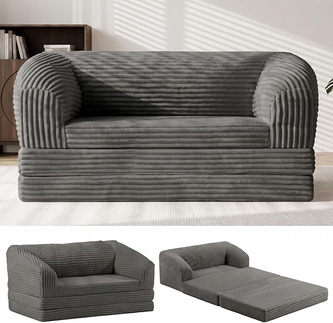 JUIKURY Convertible Sofa Bed, 3-in-1 Foldable Loveseat Couch with Armrest, Corduroy Floor Sofa & Sleeper Bed, No Assembly High-Density Foam Futon Mattress for Living Room, Small Apartment, Dorm