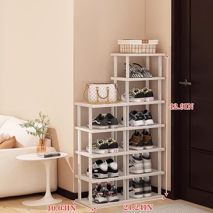 Bamboo Shoe Rack 12 Tier- Vertical Shoe Rack for Small Spaces, Tall Narrow Shoe Rack Organizer for Closet Entryway Corner Garage and Bedroom,Skinny Shoe Shelf with Free Stackable DIY White Storage