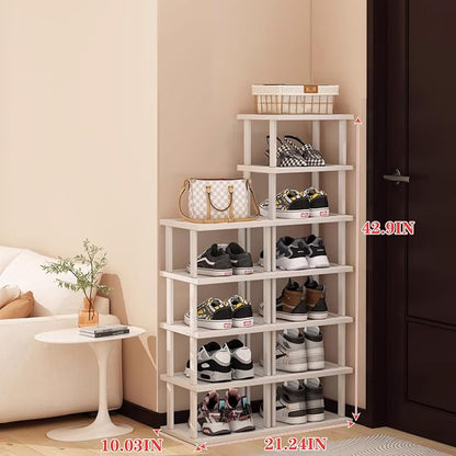 Bamboo Shoe Rack 12 Tier- Vertical Shoe Rack for Small Spaces, Tall Narrow Shoe Rack Organizer for Closet Entryway Corner Garage and Bedroom,Skinny Shoe Shelf with Free Stackable DIY White Storage