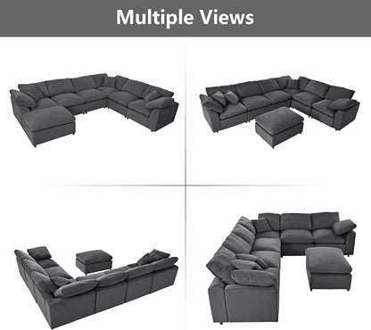 Oversized Modular Sectional Sofa Couch, Large 7 Seater Corner Sofa Modern U Shaped Sectional Couch with Ottoman Cloud Couches for Living Room, Office, Spacious Space, Gray