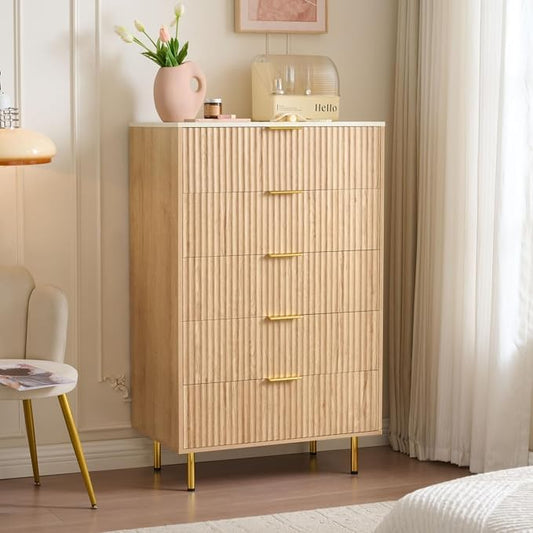 Fluted 5 Drawers Dresser for Bedroom with Faux Marble Top and Gold Handle, 48" Tall 30" Wide Wooden Chest of Drawers, Modern Closet Storage Organizer Dressers for Living Room, Hallway,Oak