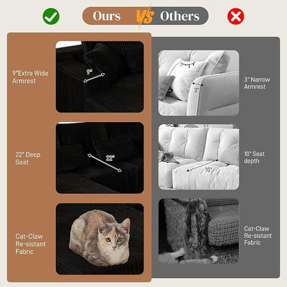 110" L Shaped Cloud Boneless Sectional Couches for Living Room, Modern Comfy Modular Deep Seat Memory Foam Compressed Corduroy Sofa Oversized Left Facing Chaise, No Assembly Required, Balck