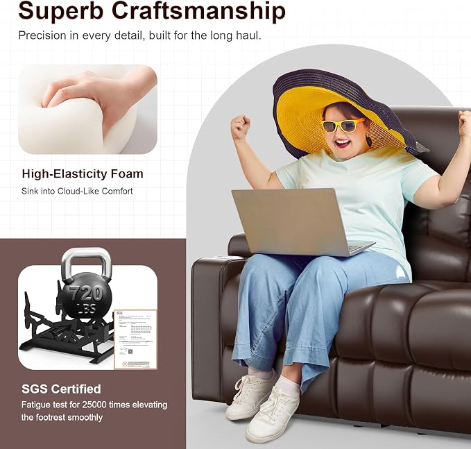RV Loveseat Recliner Sofa, PU Leather RV Reclining Loveseat with USB Charge Ports, Cup Holders, 2 Seater Manual Pull Tab Recliner Sofa Couches for Living Room/RV, Brown