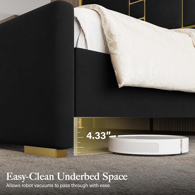 Queen Bed Frame with 55.12" Tall Headboard, Modern Luxury Velvet Upholstered Platform Bed with Gold Trim, Wide Wingback Design, Noise-Free, Easy Assembly, No Box Spring Needed, Black