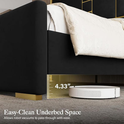 Queen Bed Frame with 55.12" Tall Headboard, Modern Luxury Velvet Upholstered Platform Bed with Gold Trim, Wide Wingback Design, Noise-Free, Easy Assembly, No Box Spring Needed, Black