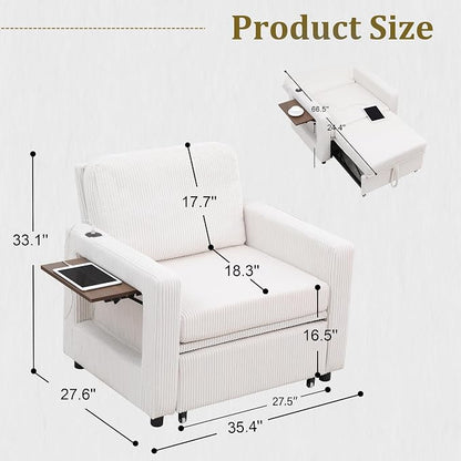 3 in 1 Folding Convertible Sleeper Sofa Bed Pull Out Couch with Side Pockets USB Port Side Table Single Sofa Bed with Adjustable Backrest for Living Room Bedroom 66" Beige 1 SEAT