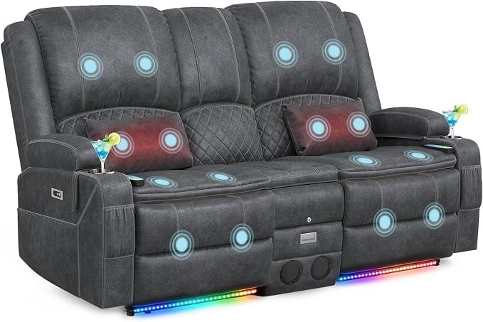 Power Recliner Loveseat Recliner with Massage and Lumbar Heating, Home Theater Reclining Loveseat with Flip Console, RV Couch Wall Hugger with 2 Speakers, Storage, USB, Outlet & LED (Velvet,Grey)
