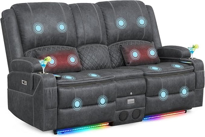 Power Recliner Loveseat Recliner with Massage and Lumbar Heating, Home Theater Reclining Loveseat with Flip Console, RV Couch Wall Hugger with 2 Speakers, Storage, USB, Outlet & LED (Velvet,Grey)