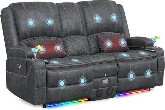 Power Recliner Loveseat Recliner with Massage and Lumbar Heating, Home Theater Reclining Loveseat with Flip Console, RV Couch Wall Hugger with 2 Speakers, Storage, USB, Outlet & LED (Velvet,Grey)
