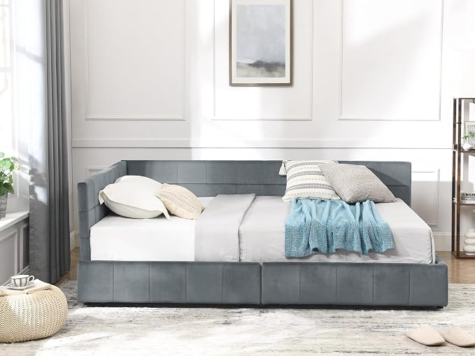 KEIKI Full Size L Shape Corner Bed Frames with 2 Storage Drawer, Backrest and Armrests, Velvet Upholstered Sofa Daybed for Small Room, Living Room, Bedroom, Guest Room, Kids' Room
