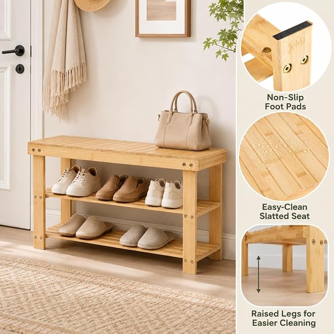 Shoe Rack Bench, 3-Tier Shoe Storage Organizer for Entryway , Shoe Shelf for Small Spaces, Multi-Functional Side Table Plant Stand, Shoe Stand for Bedroom, Living Room, Closet, Front Door, Natural