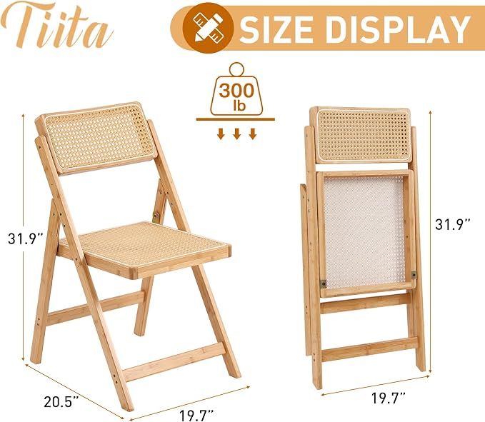 Tiita Rattan Dining Chairs Set of 1, Mid Century Modern Folding Chair, Bamboo Folding Dining Chairs for Small Space, Dining Room, Living Room, Bedroom, Wood