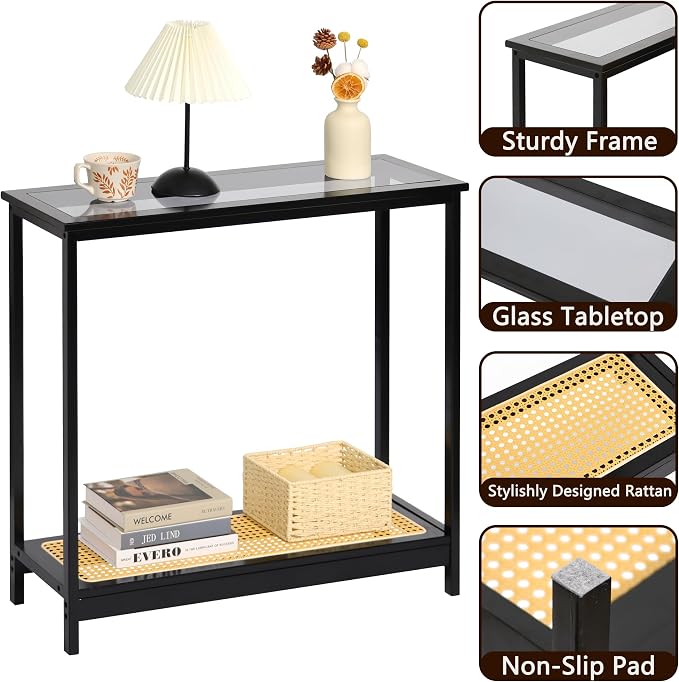 Bamboo Narrow Console Table, 31.5"(L) Wood Small Entryway Table with Rattan and Glass, Accent Slim Hallway Tables, Thin Sofa Side Tables for Hallway, Living Room, Bedroom, Foyer, Black