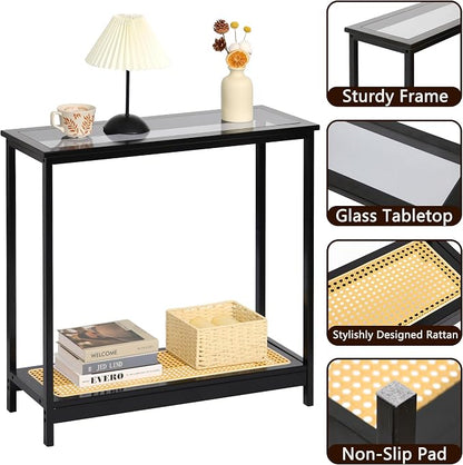 Bamboo Narrow Console Table, 31.5"(L) Wood Small Entryway Table with Rattan and Glass, Accent Slim Hallway Tables, Thin Sofa Side Tables for Hallway, Living Room, Bedroom, Foyer, Black