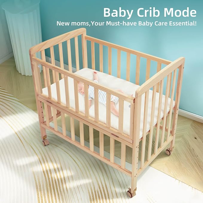 Flwrgirl Mini Baby Crib with Mattress,Portable Bedside Bassinet Sleeper,6 Adjustable Heights,Wood Nursery Crib with Locking Wheels,Compact Baby Bed for Newborns Infants,Unpainted