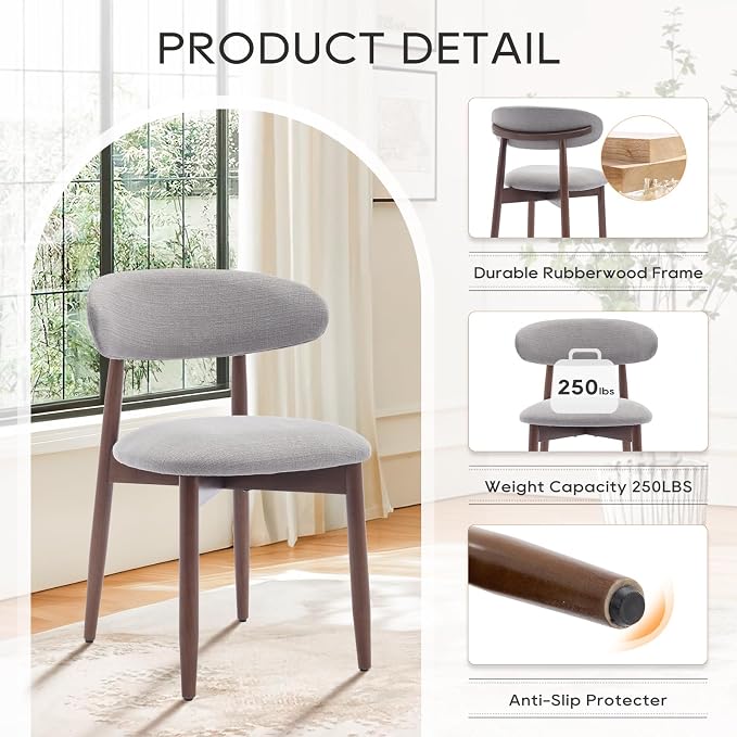 COLAMY Wooden Dining Chairs Set of 6, Modern Fabric Upholstered Dining Room Chair, Farmhouse Kitchen Chair with Foot Pegs, Light Grey