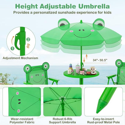 Costzon Kids Picnic Table, Kids Outdoor Table with 2 Folding Chairs, Height Adjustable Umbrella, Portable Children Outdoor Furniture for Patio, Garden, Backyard (Green)