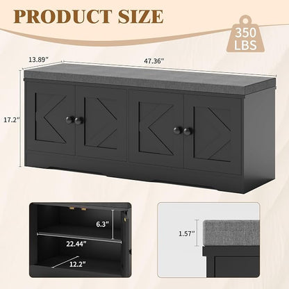 Apicizon Storage Bench with Seat Cushion, 2 Tier Entryway Bench with 4 Barn Doors, Adjustable Shelves, 47.36" Shoe Bench for Entryway Hallway Bedroom Living Room, Black