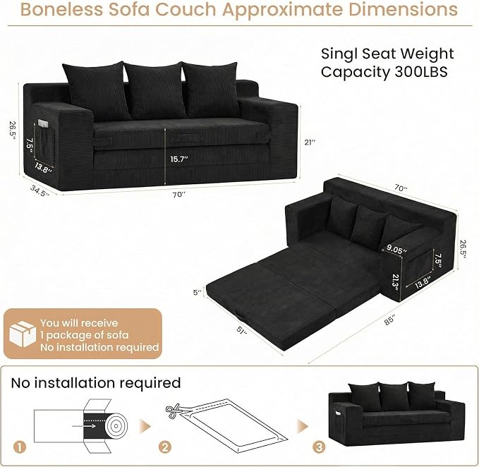 Boneless Couch Sofa Bed, 70'' Convertible Tri-Folding Futon Sleeper with Handle & Side Pockets, Pull Out Couch Bed with Hook and Loop No Assembly for Small Space,Living Room & Bedroom