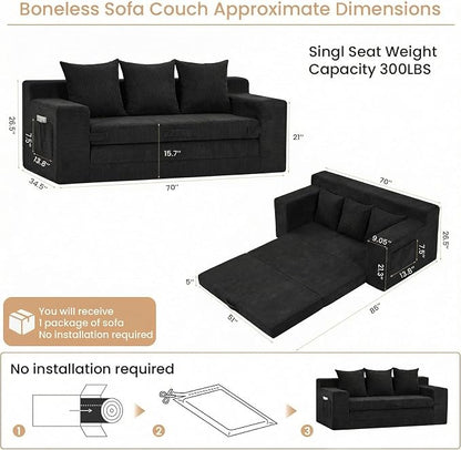 Boneless Couch Sofa Bed, 70'' Convertible Tri-Folding Futon Sleeper with Handle & Side Pockets, Pull Out Couch Bed with Hook and Loop No Assembly for Small Space,Living Room & Bedroom