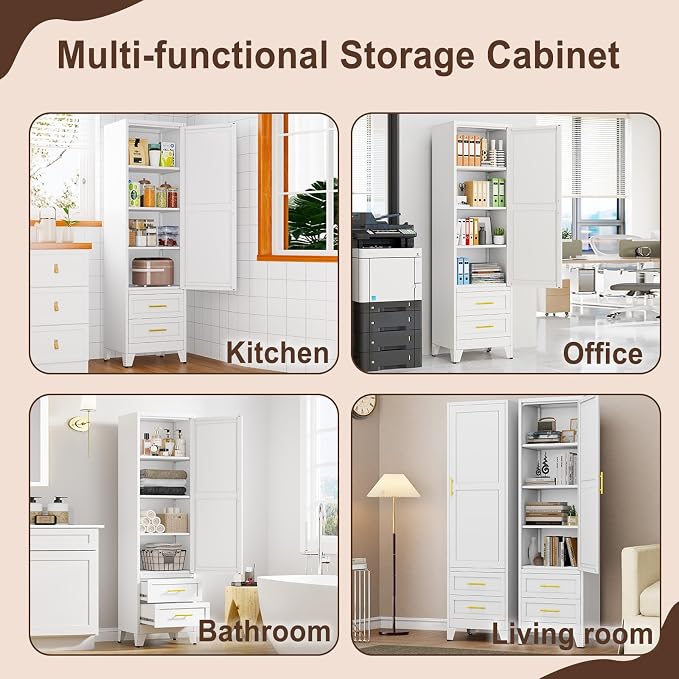 Tall Metal Narrow Storage Cabinet 67" H with 2 Drawer, White Pantry Cabinets with 2 Adjustable Shelves and Door,Tall Bathroom Cabinet for Kitchen, Home Office, Living Room, Dining Room