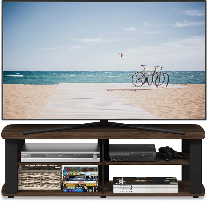 Furinno Nelly TV Stand, 3-Tier Entertainment Center with Open Shelves Storage, TV Console for TV up to 50 Inch, Soft Edges, for Living Room, Bedroom, Columbia Walnut
