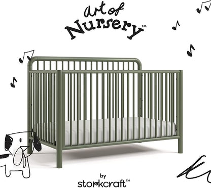 Storkcraft Porto 5-in-1 Convertible Crib with Toddler Guardrail – GREENGUARD Gold Certified, Toddler Bed Conversion Kit Included, 100% Solid Wood, Fits Standard Baby Crib Mattress (Olive)