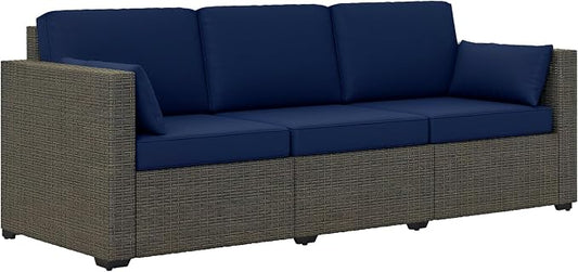 Outsunny Patio Couch PE Wicker Deep Seating Outdoor Sofa with Removable Cushions, 3 Seater Rattan Sofa, Outdoor Furniture for Balcony, Deck, Garden and Poolside, Navy Blue