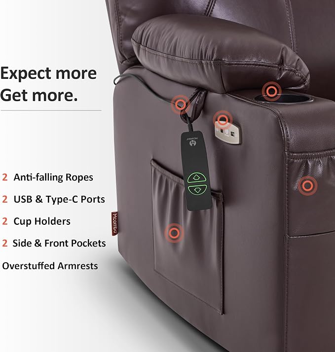 MCombo Extra Wide Power Lift Recliner Chair for Elderly, Lift Chair with Heat and Massage for Big People, USB&Type C Ports, Cup Holders, Faux Leather R7045 (Dark Brown, Medium-Wide)