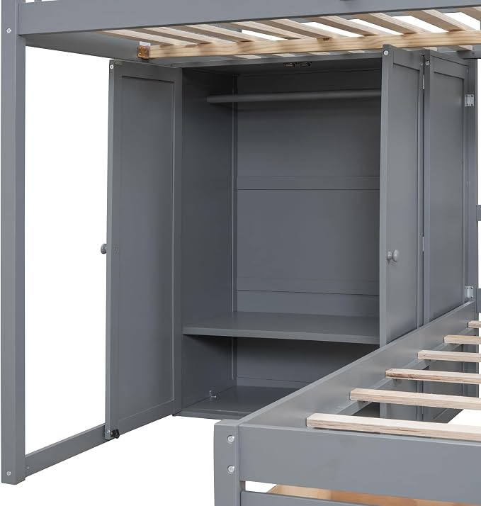 Merax Full Over Twin Bunk Bed with Wardrobe and Drawers, Gray